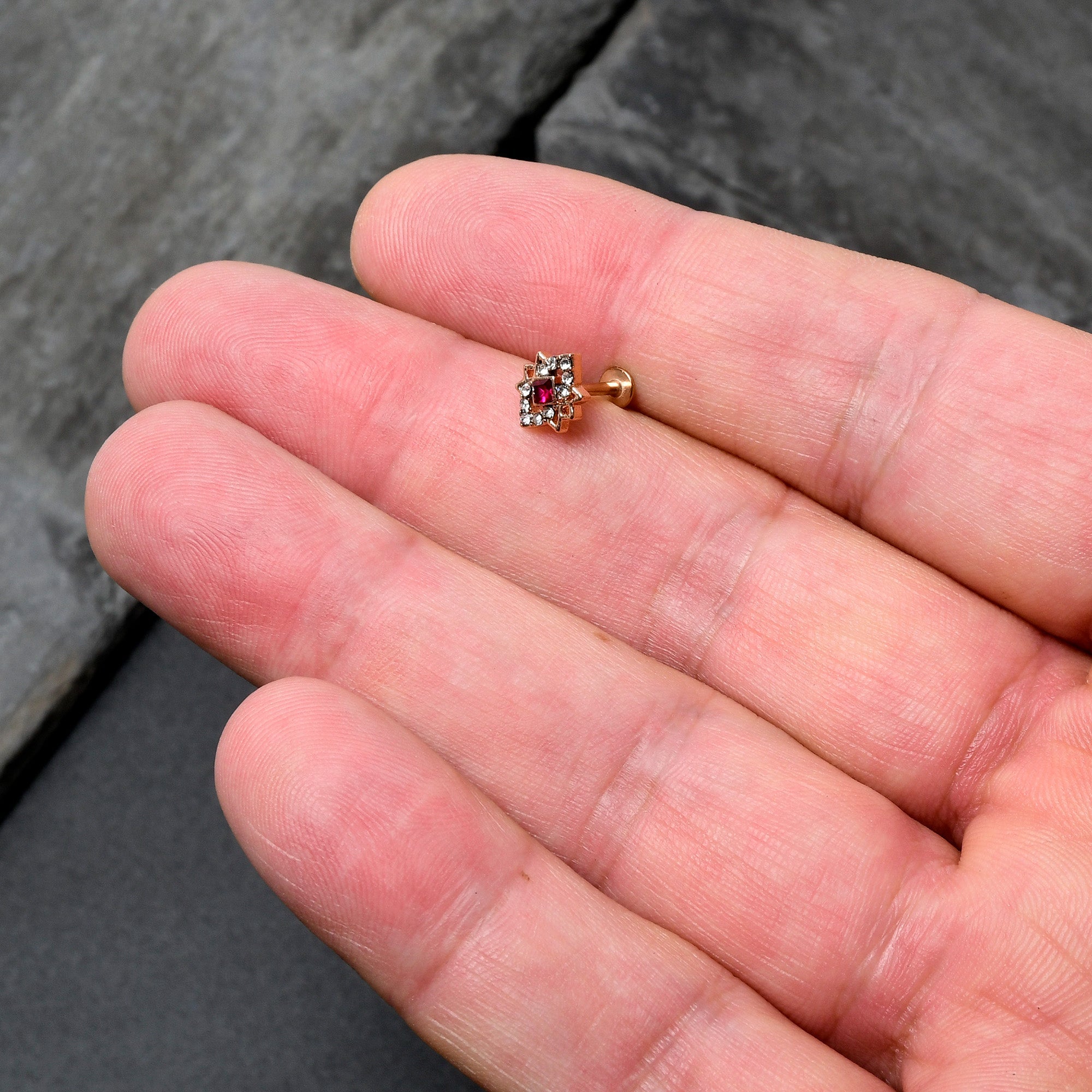 16G 5/16 Red Gem Rose Gold Tone Octogram Star Labret Monroe Tragus