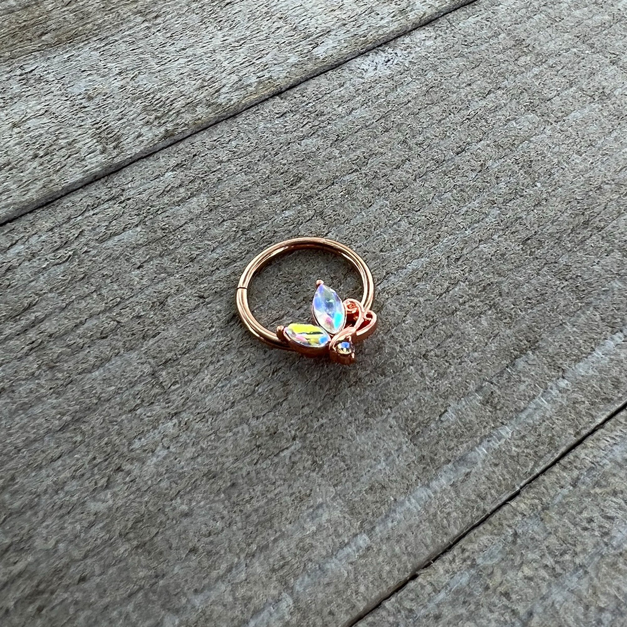 16G 3/8 Aurora CZ Gem Rosy Tone Fleur de Lis Butterfly Hinged Segment Ring