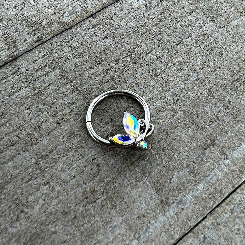 16G 3/8 Aurora CZ Gem Fleur de Lis Butterfly Hinged Segment Ring
