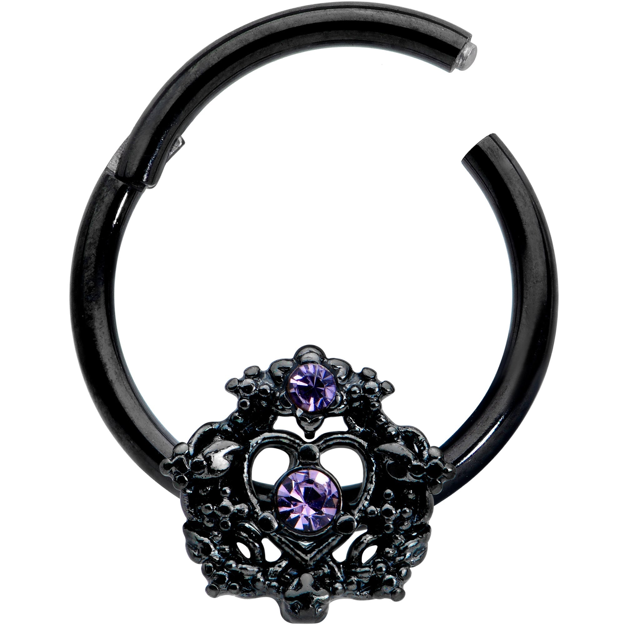 16G 3/8 Purple Gem Black Regal Crown Hinged Segment Ring