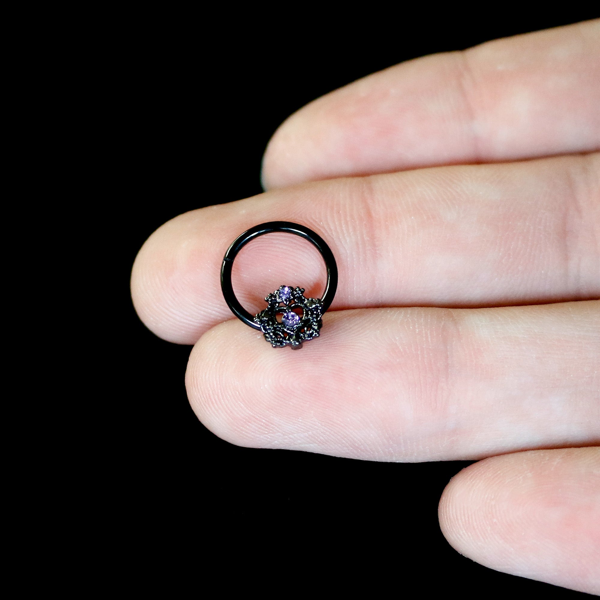16G 3/8 Purple Gem Black Regal Crown Hinged Segment Ring