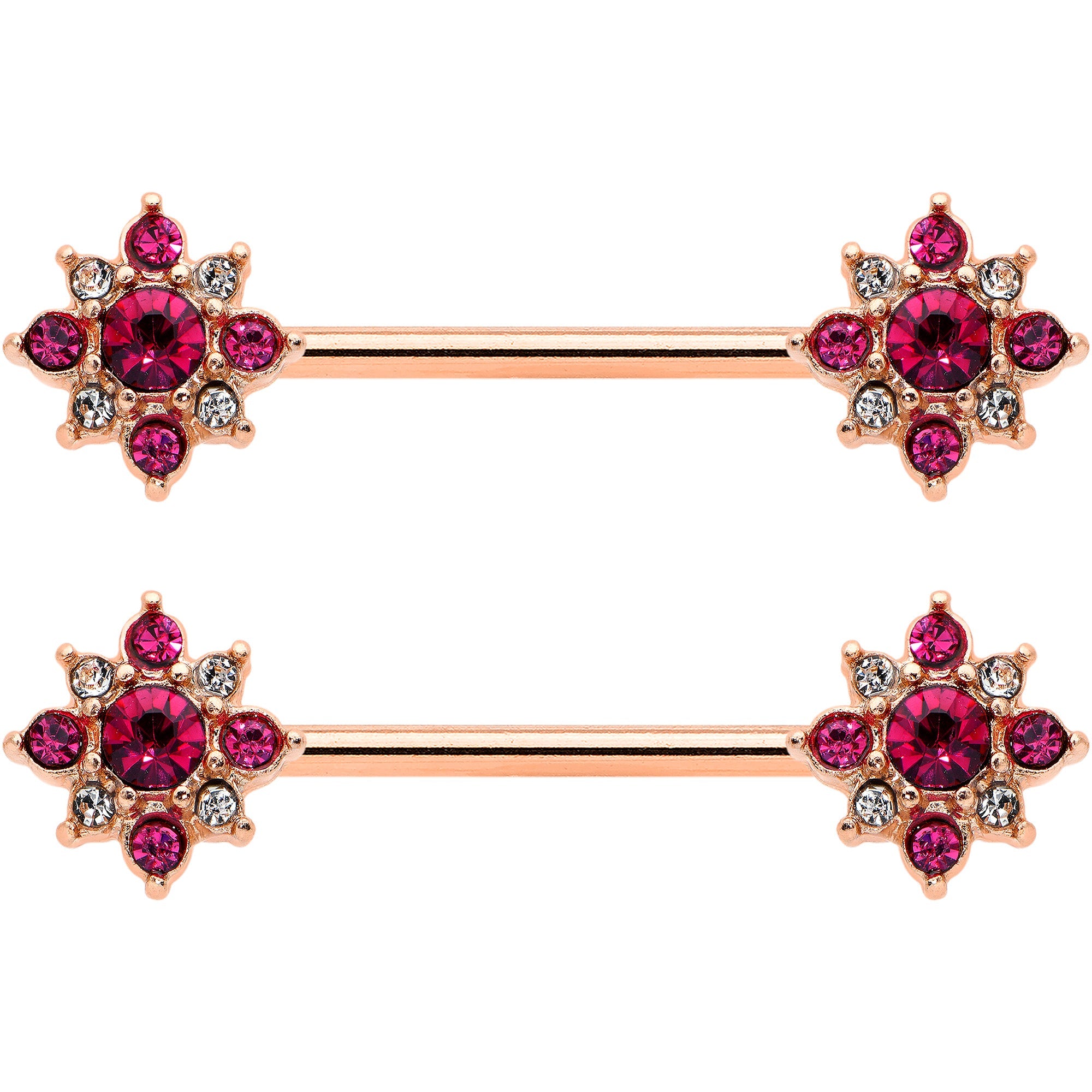 14G Red Gem Rose Gold Tone Rococo Star Barbell Nipple Ring Set