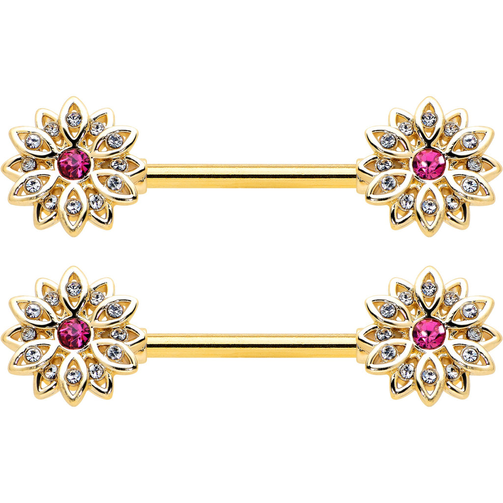 14G 9/16 Clear Pink Gem Gold Tone Starry Flower Nipple Ring Set