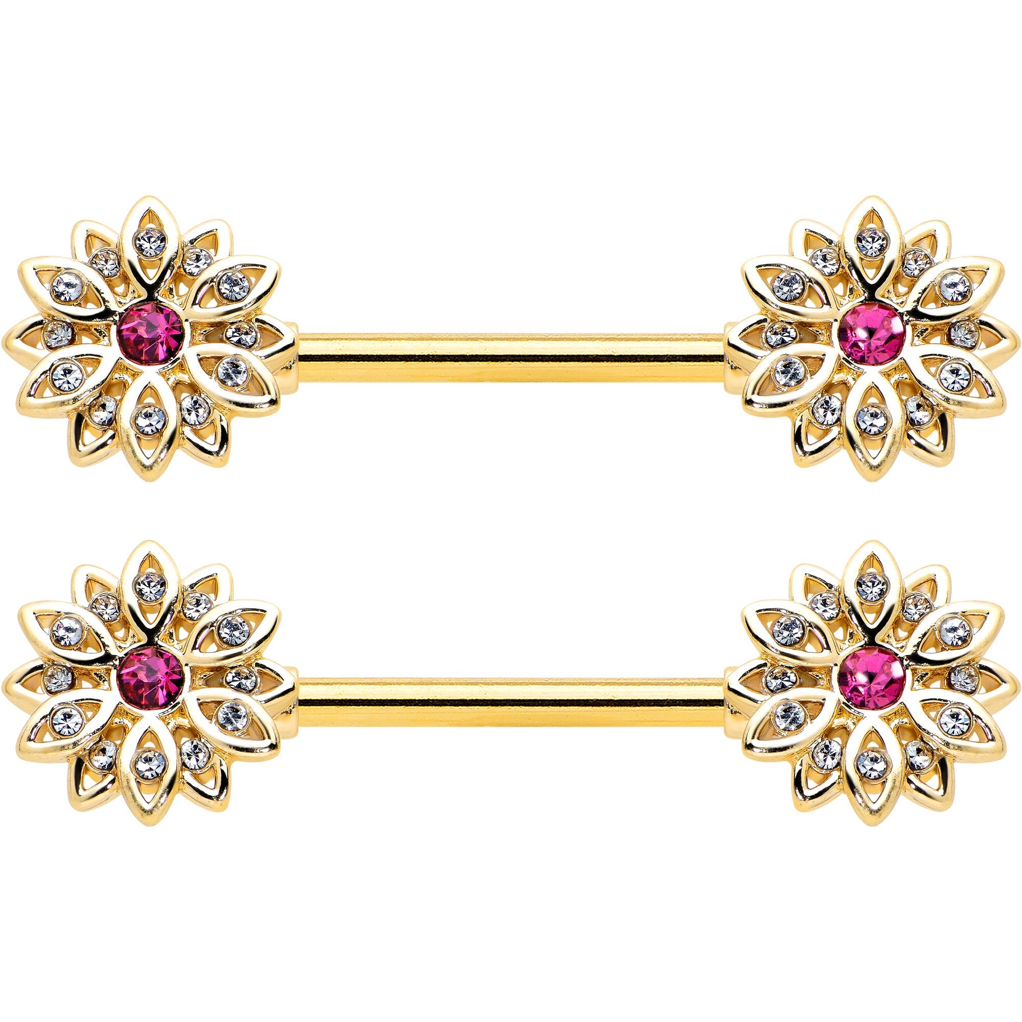 14G 9/16 Clear Pink Gem Gold Tone Starry Flower Nipple Ring Set