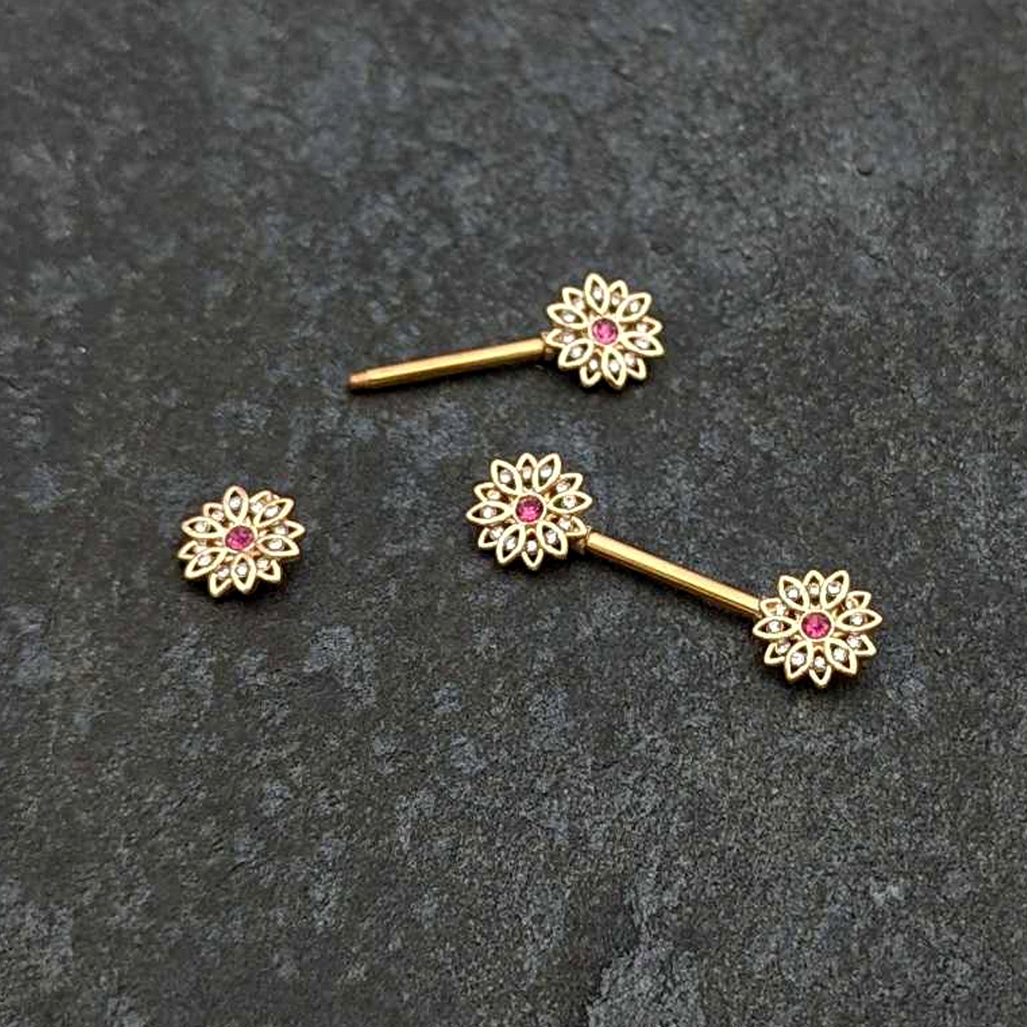 14G 9/16 Clear Pink Gem Gold Tone Starry Flower Nipple Ring Set