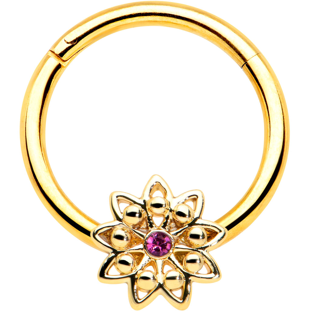 16G 3/8 Pink Gem Gold Tone Starry Flower Hinged Segment Ring