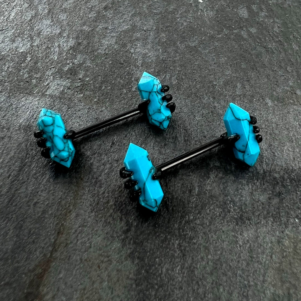 14G 9/16 Blue Turquoise Black Claw Barbell Nipple Ring Set