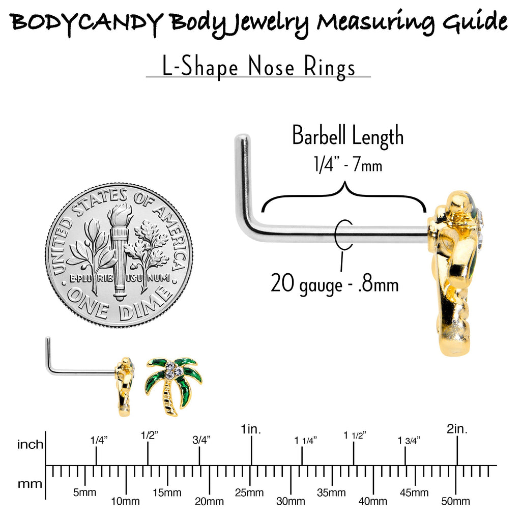 20G 1/4 Clear Gem Golden Palm Tree Style L Shape Nose Ring