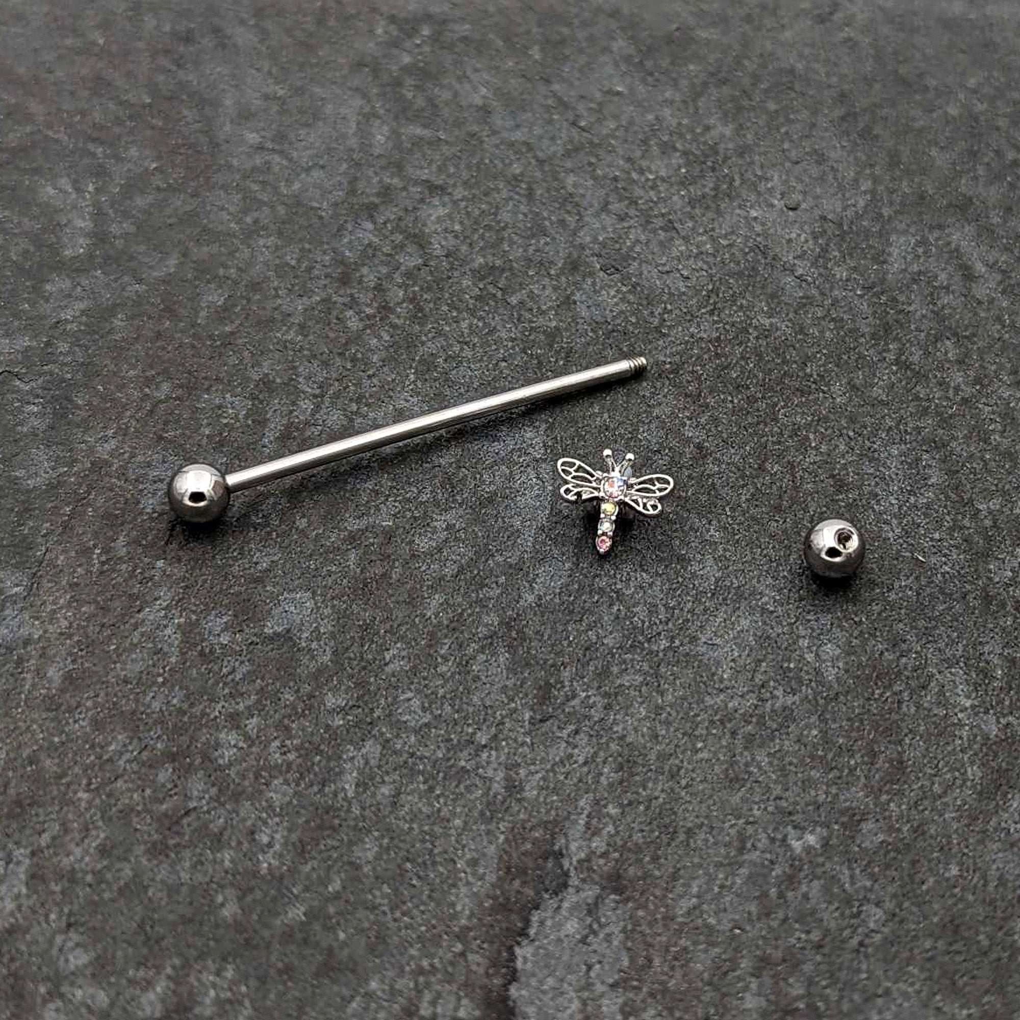 14G Aurora Gem Dragonfly Flying Industrial Barbell 38mm