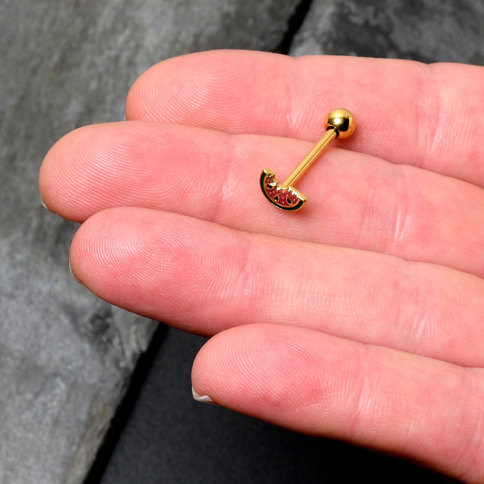 Gold Tone Watermelon Bite Barbell Tongue Ring