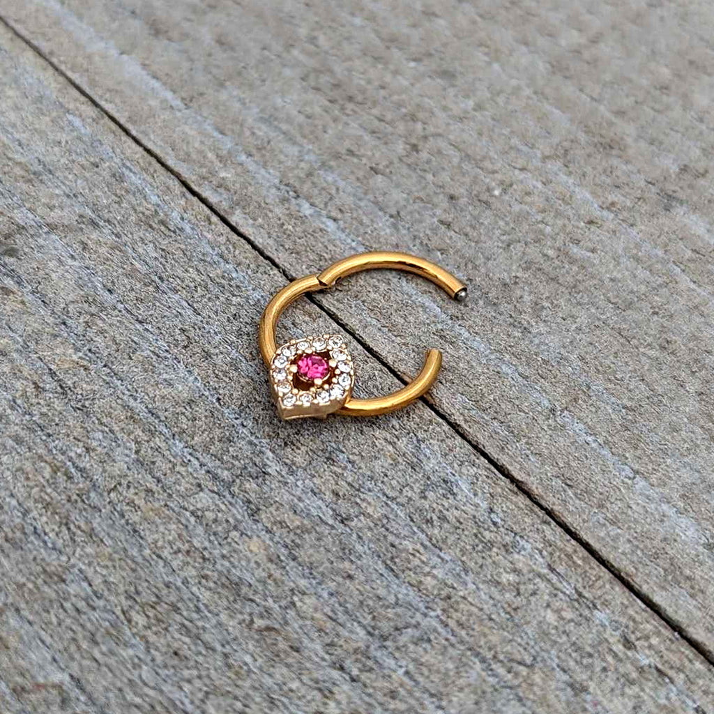 16G 3/8 Clear Pink Gem Gold Tone Open Eye Hinged Segment Ring