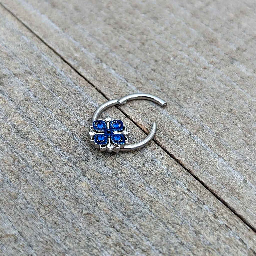 16G 3/8 Blue Clear Gem Embellished Cross Hinged Segment Ring