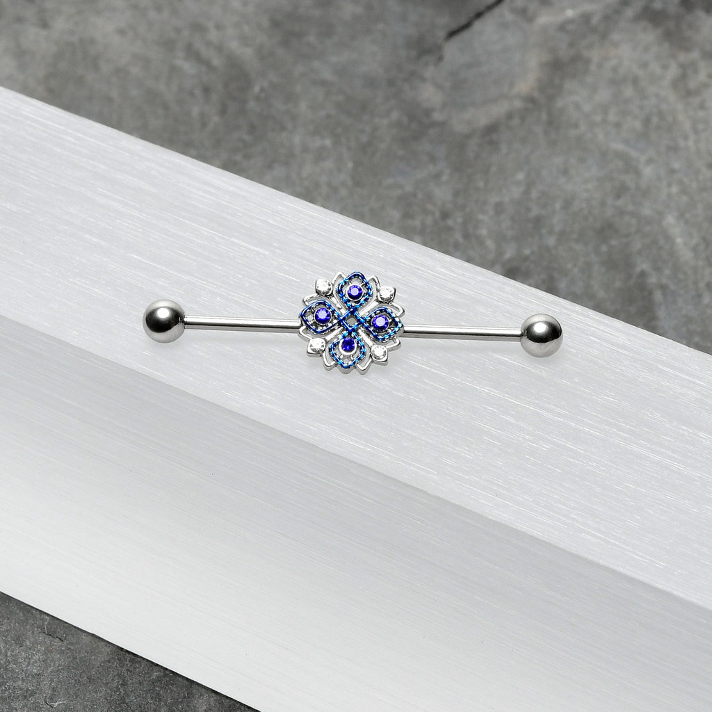 14G Clear Blue Gem Embellished Cross Industrial Barbell 38mm