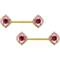 14G 9/16 Clear Pink Gem Gold Tone Open Eye Barbell Nipple Ring Set