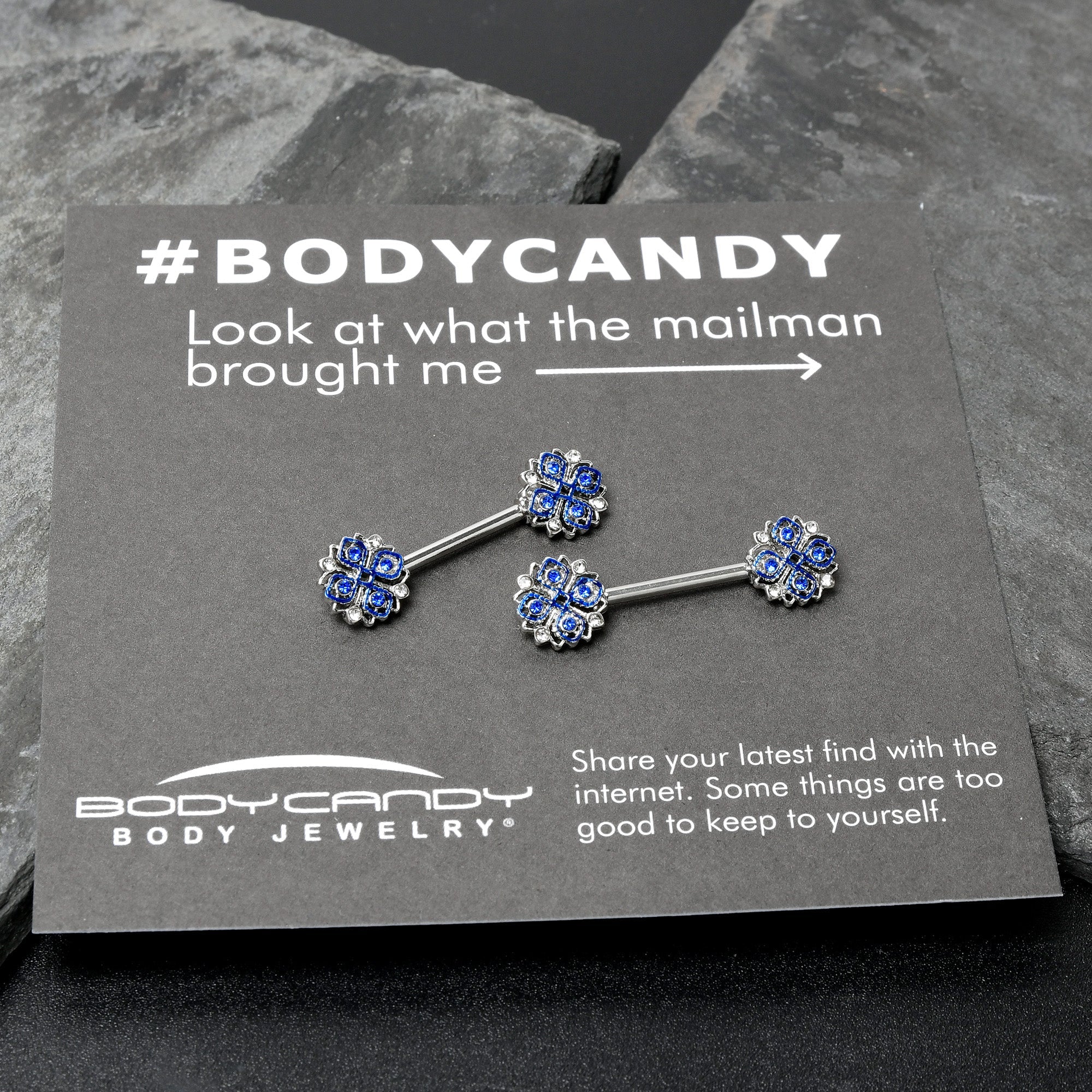 14G 9/16 Clear Blue Gem Embellished Cross Barbell Nipple Ring Set