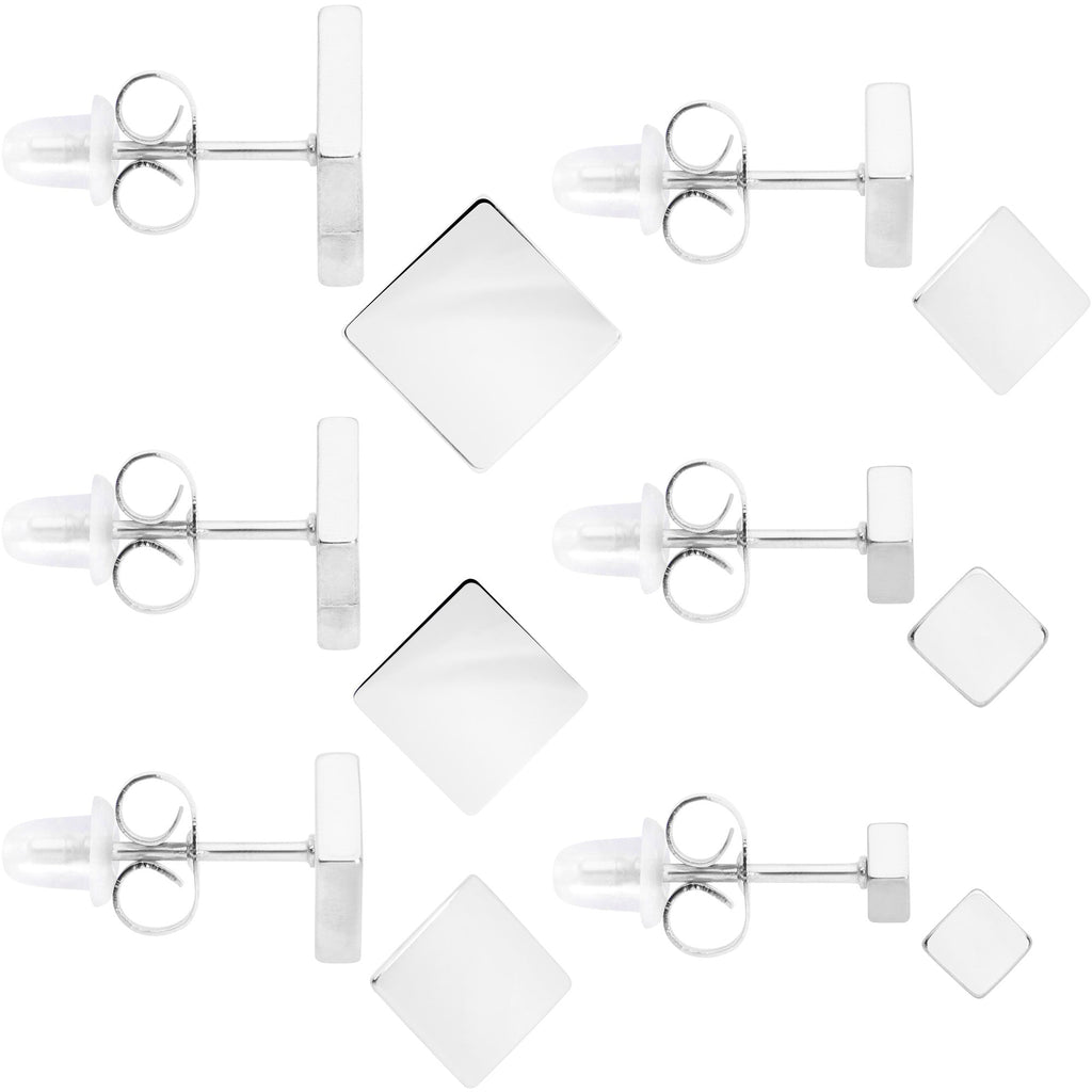3mm-8mm Square Stud 316L Stainless Steel Earrings 6 Pack