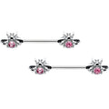 14G 9/16 Pink Gem Bee Beautiful Insect Barbell Nipple Ring Set