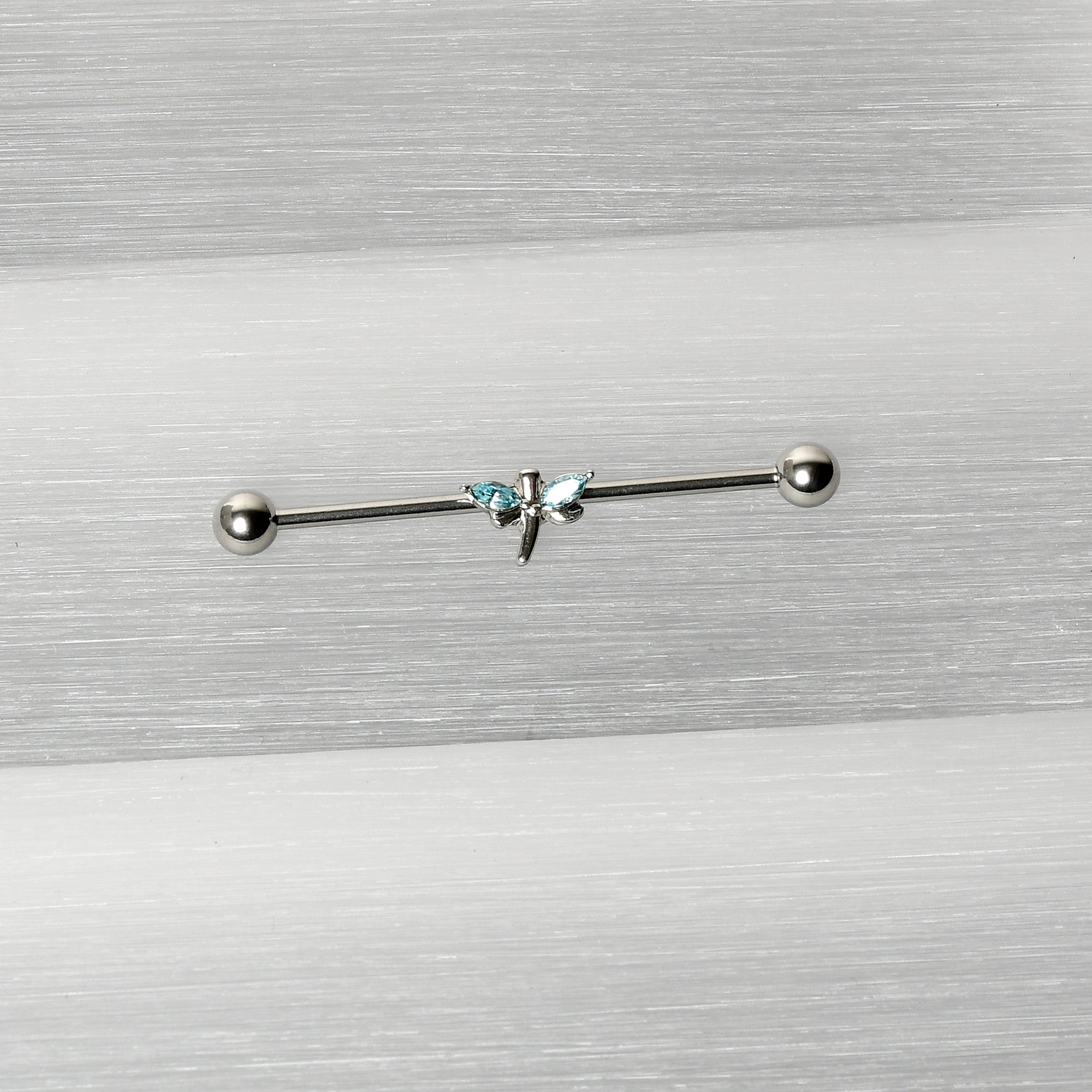 14G Blue Gem Simple Stylized Dragonfly Industrial Barbell 38mm