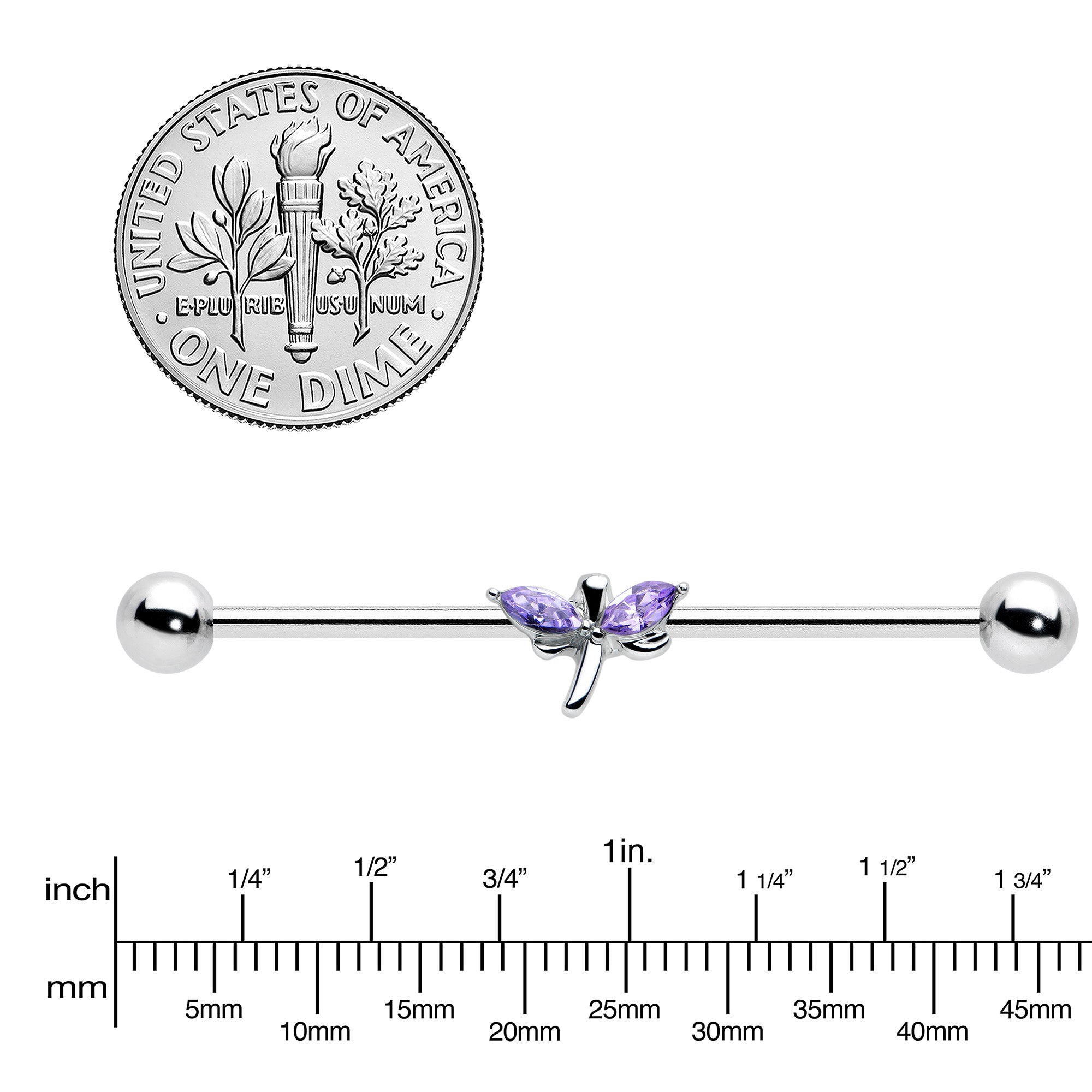 14G Purple Gem Simple Stylized Dragonfly Industrial Barbell 38mm