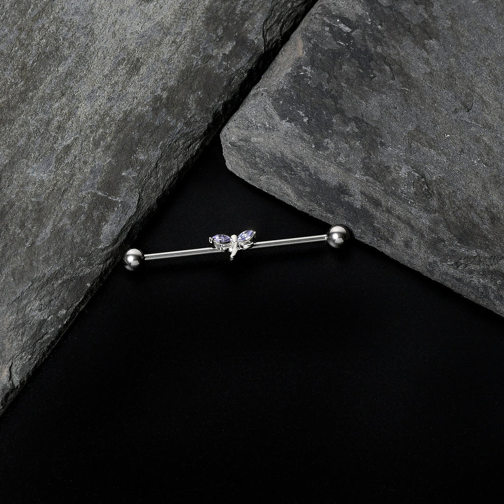 14G Purple Gem Simple Stylized Dragonfly Industrial Barbell 38mm