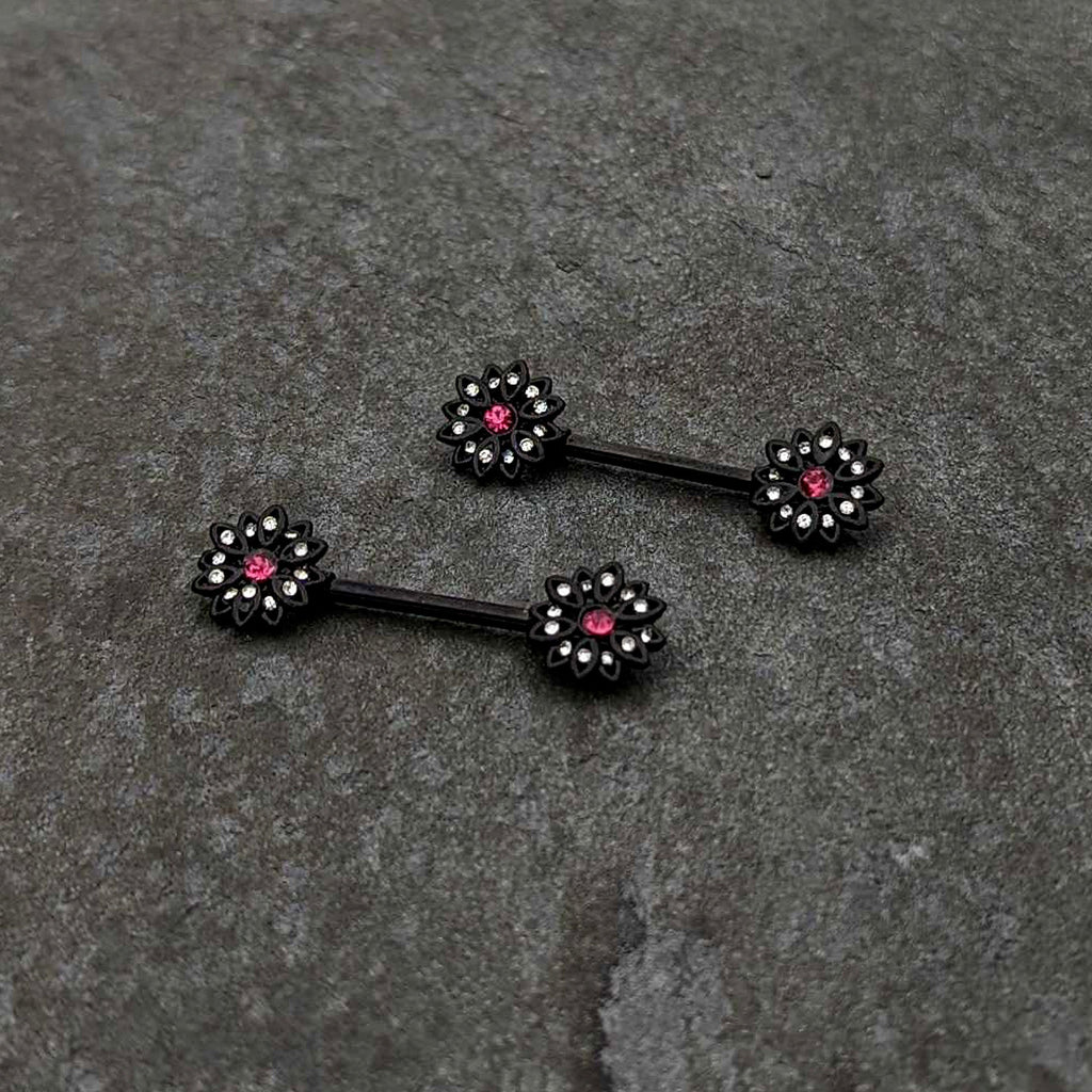 14G 9/16 Clear Gem Black Midnight Flower Barbell Nipple Ring Set