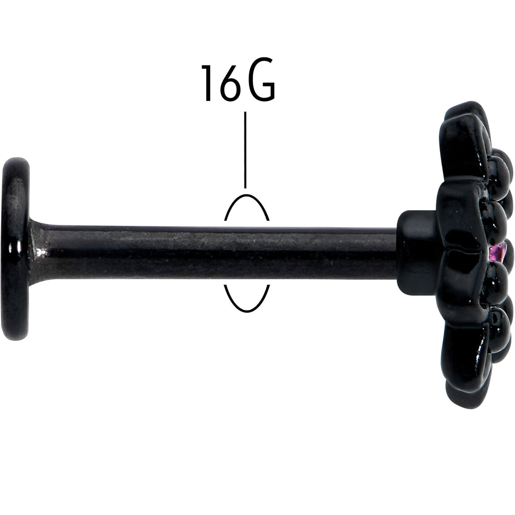 16G 5/16 Pink Gem Black Midnight Flower Labret Monroe Tragus