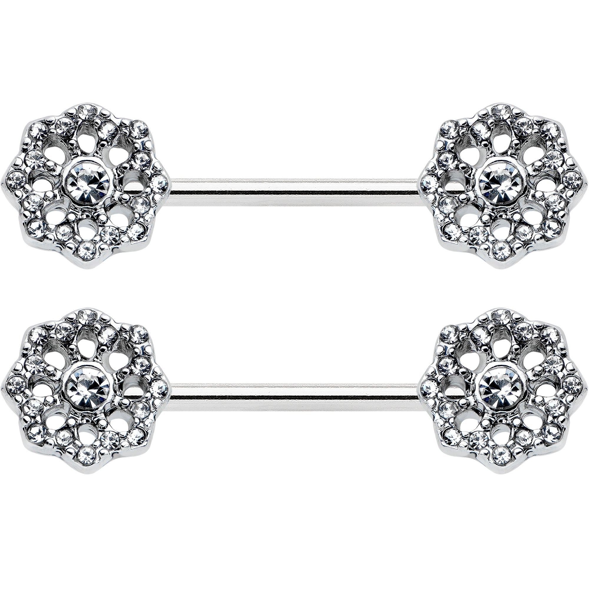 14G 9/16 Clear Gem Epic Fabulous Flower Barbell Nipple Ring Set
