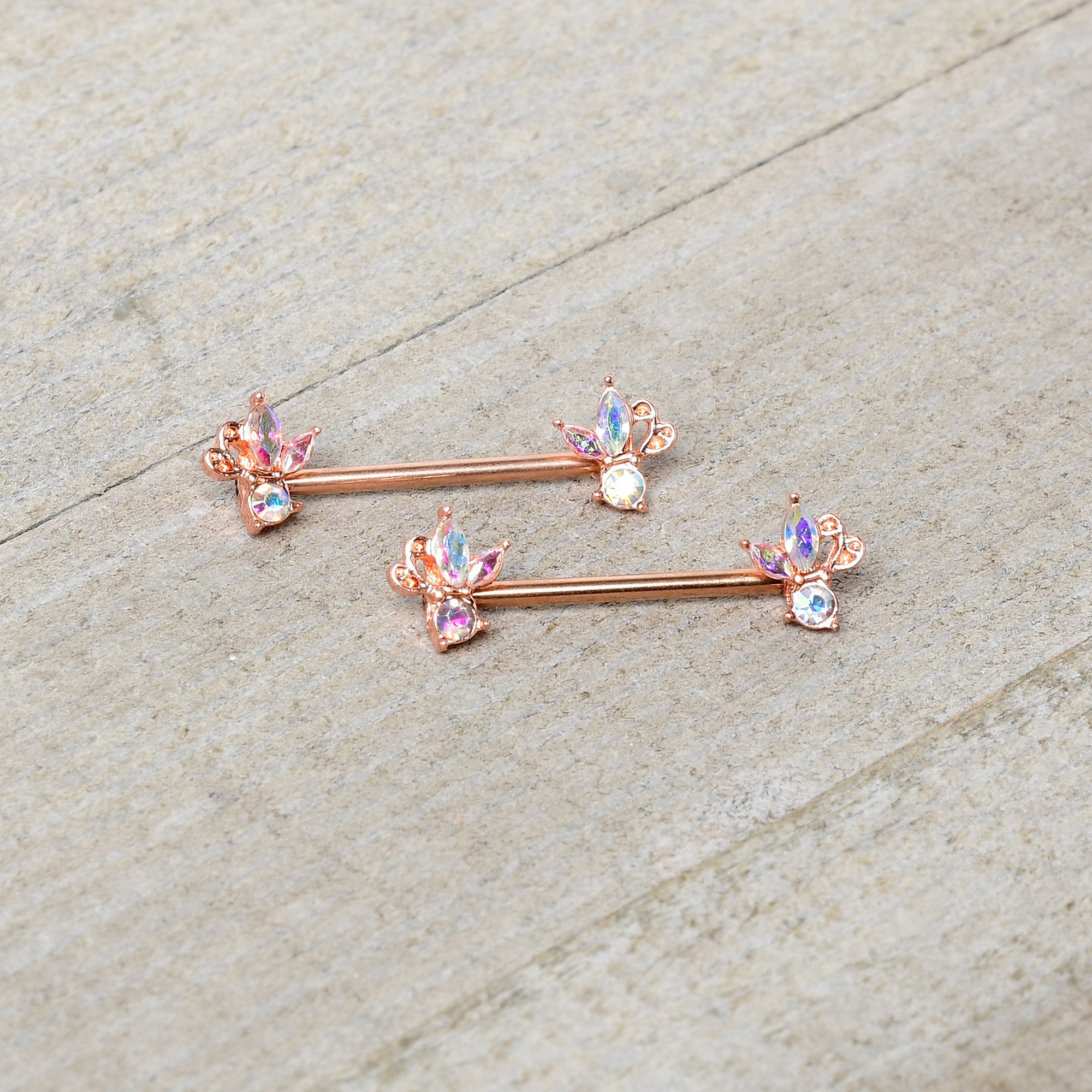 14G 5/8 Aurora CZ Gem Rosy Hue Fleur de Lis Butterfly Barbell Nipple Ring Set