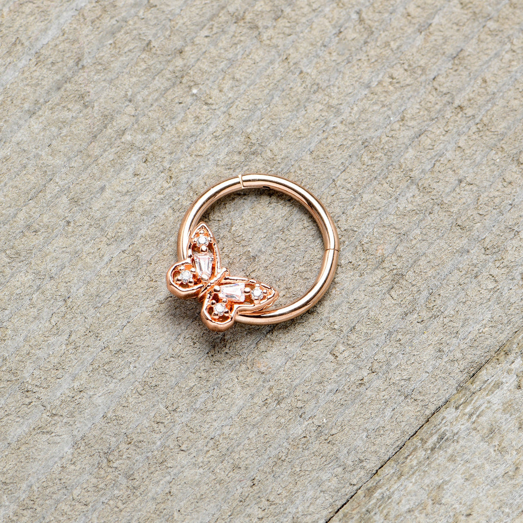 16G 3/8 Clear Gem Rosy Tone Baroque Butterfly Hinged Segment Ring