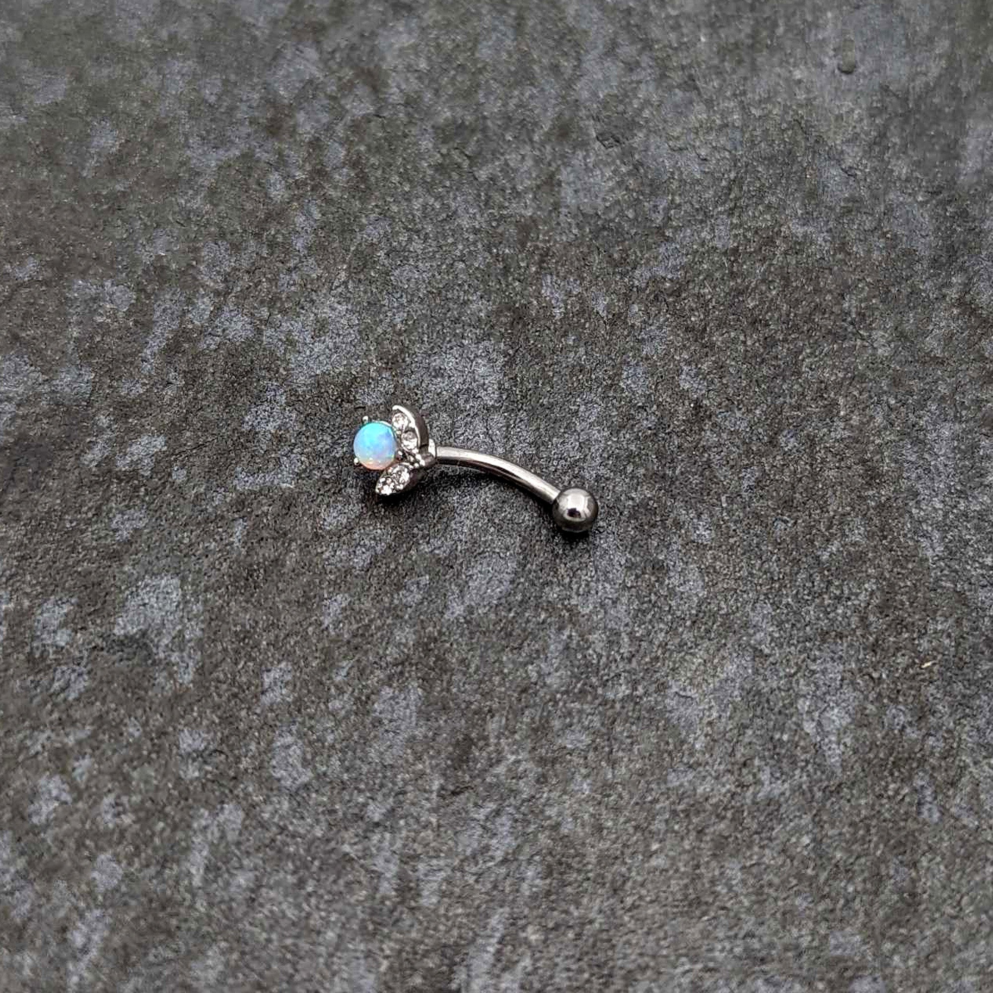 16G 5/16 White Synthetic Opal Style Flower Curved Eyebrow Ring