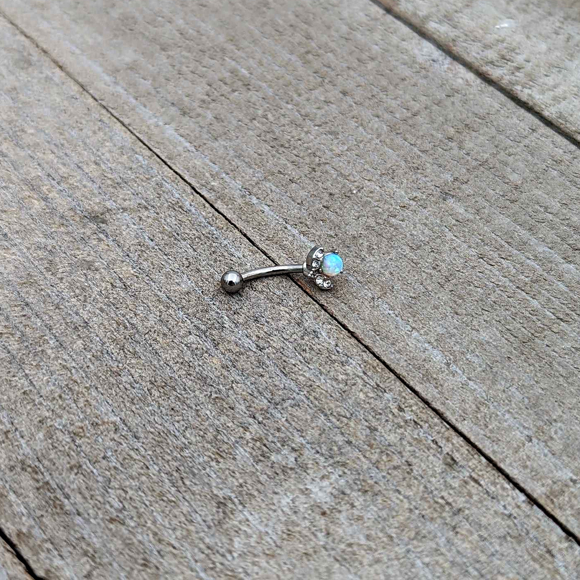 16G 5/16 White Synthetic Opal Style Flower Curved Eyebrow Ring