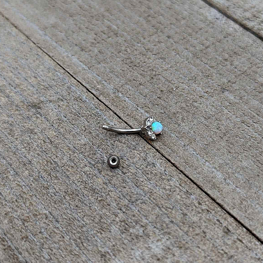 16G 5/16 White Synthetic Opal Style Flower Curved Eyebrow Ring