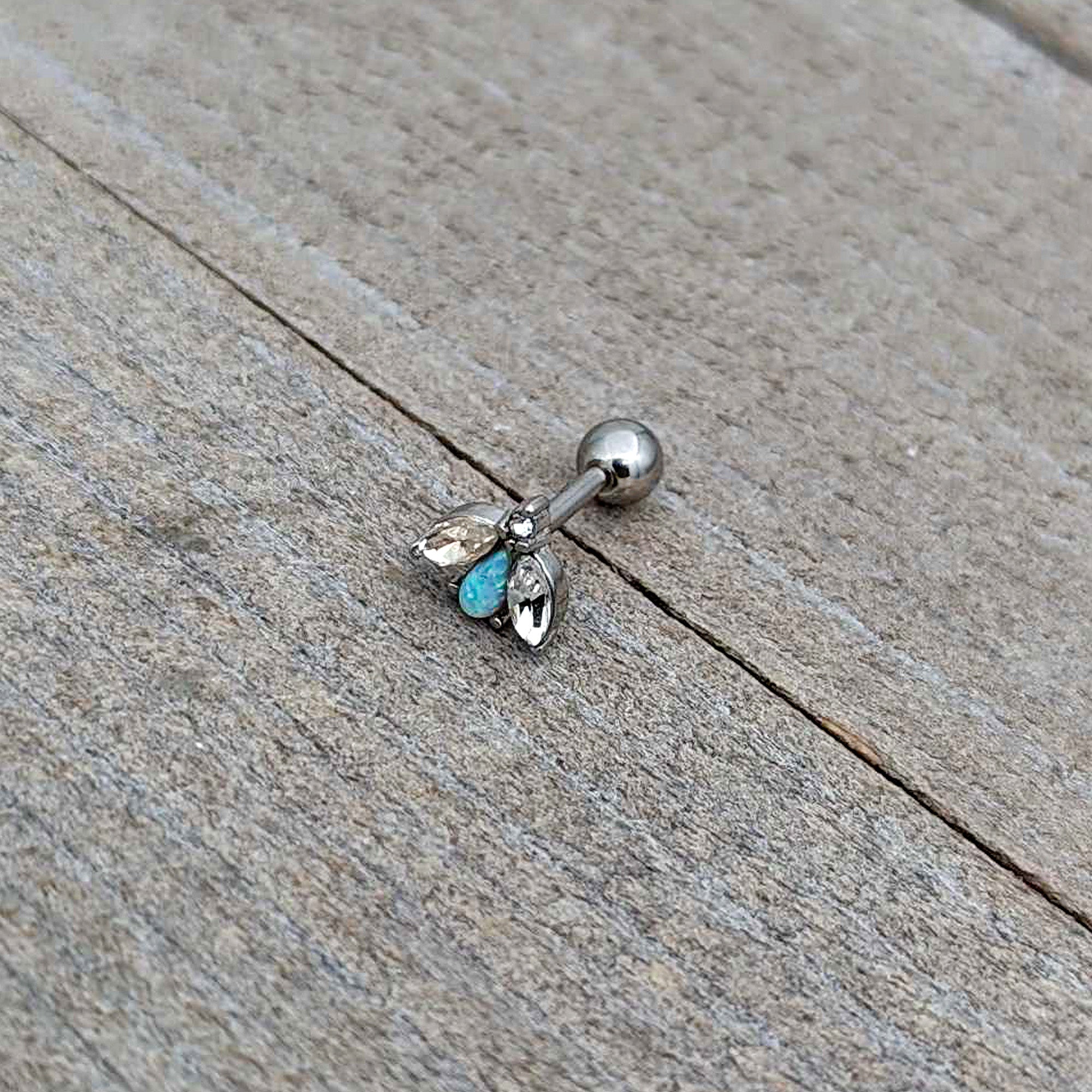 16G 1/4 White Synthetic Opal Flower Cartilage Tragus Earring