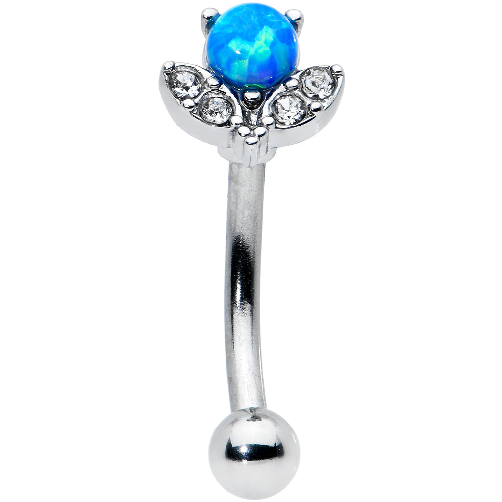 16G 5/16 Clear Gem Blue Faux Opal Style Flower Curved Eyebrow Ring