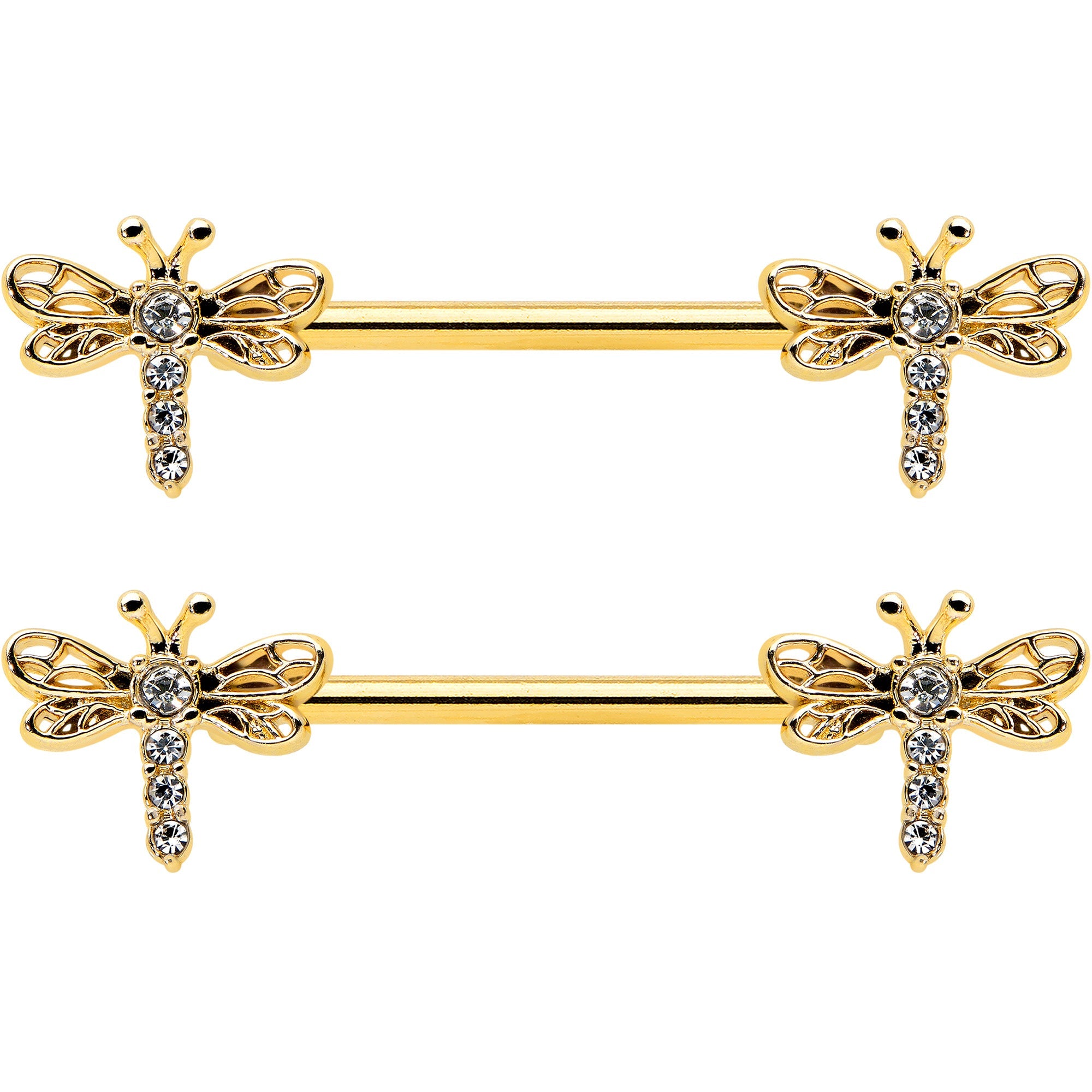 14G 9/16 Clear Gem Gold Tone Flying Dragonfly Nipple Ring Set