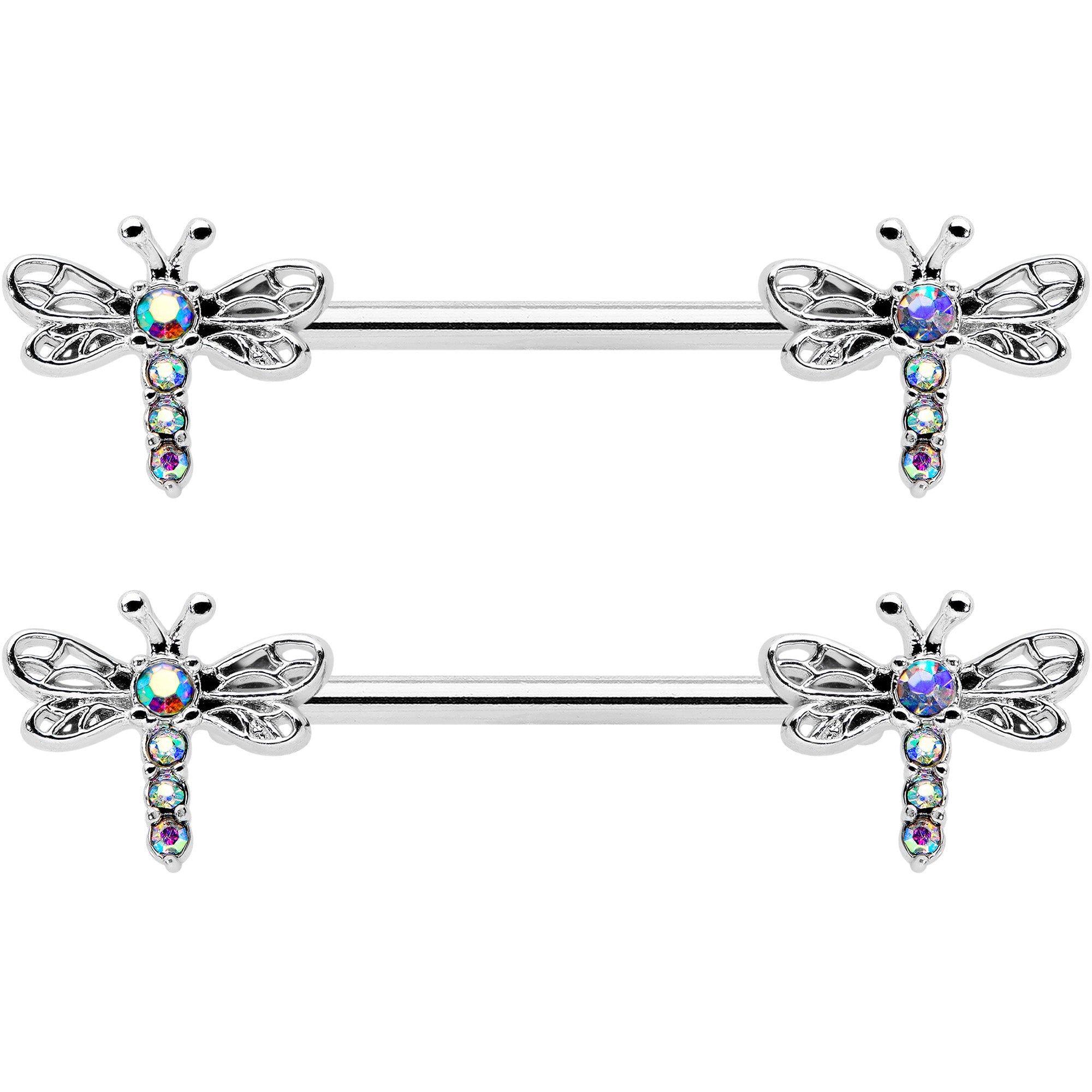 14G 9/16 Aurora Gem Ornate Dragonflies Barbell Nipple Ring Set