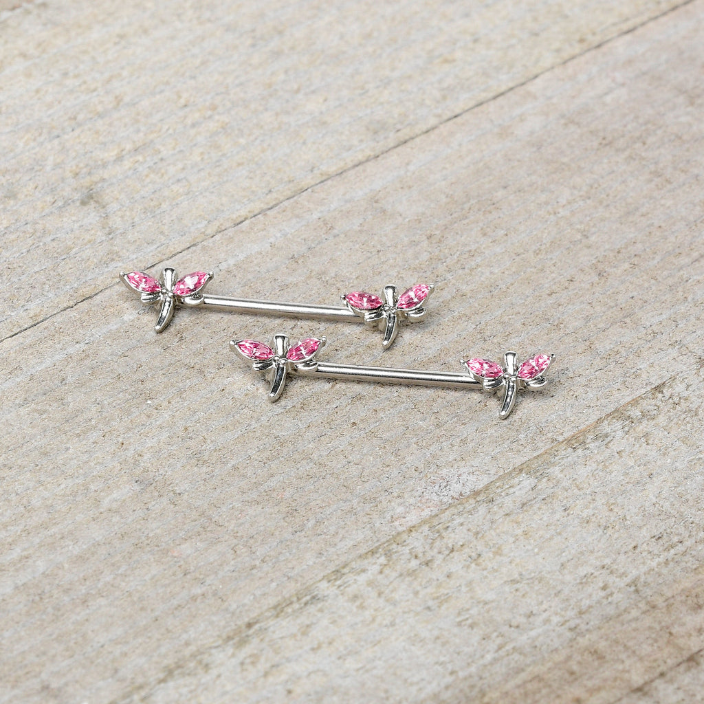 14G 5/8 Pink Gem Simple Styled Dragonfly Barbell Nipple Ring Set