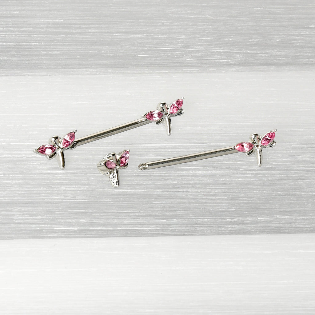 14G 5/8 Pink Gem Simple Styled Dragonfly Barbell Nipple Ring Set