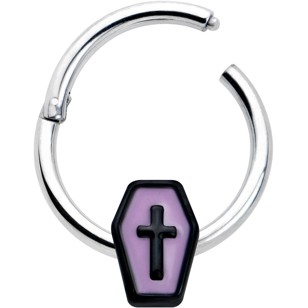 16G 3/8 Creepy Coffin Lt Purple Glow in Dark Hinged Segment Ring