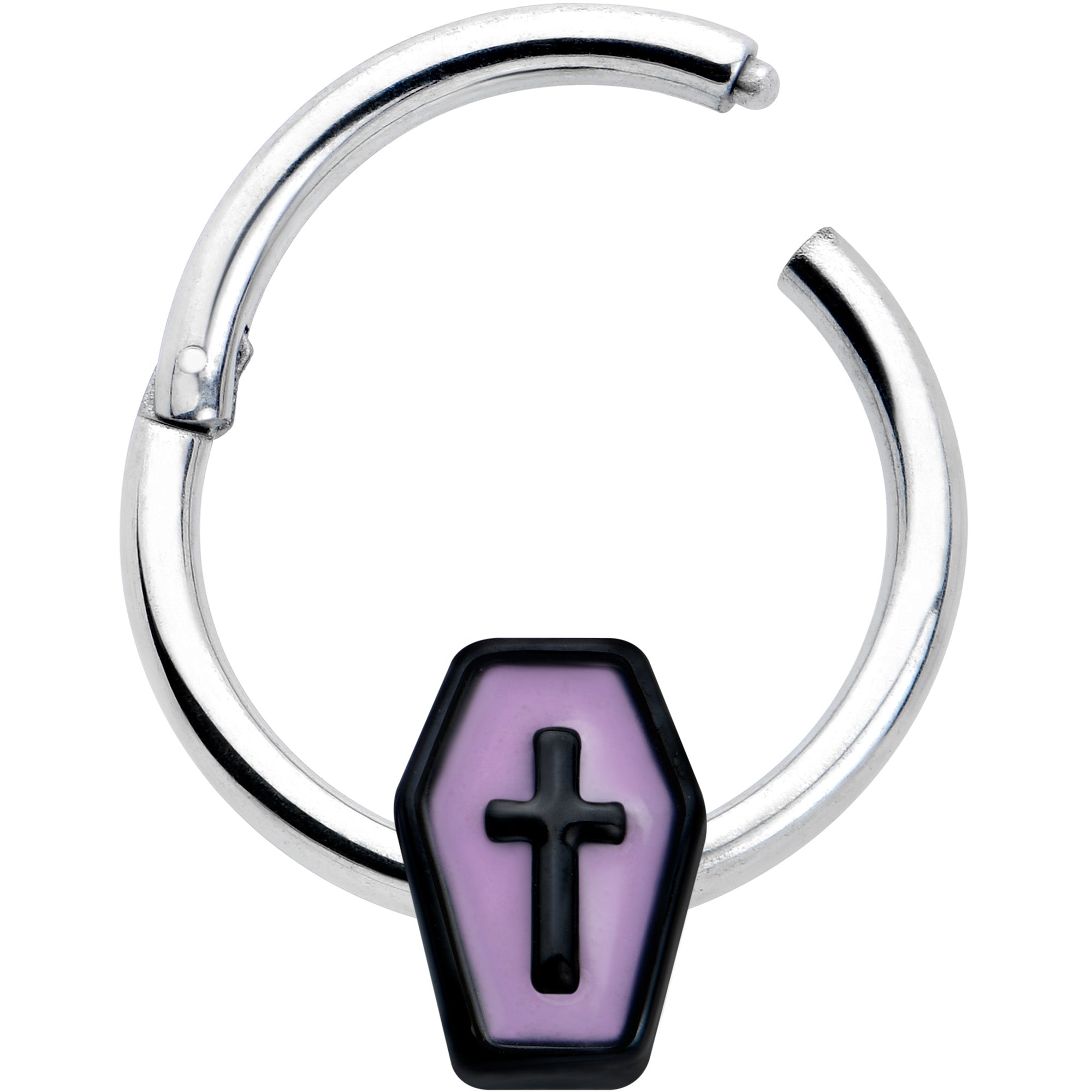 16G 3/8 Creepy Coffin Lt Purple Glow in Dark Hinged Segment Ring