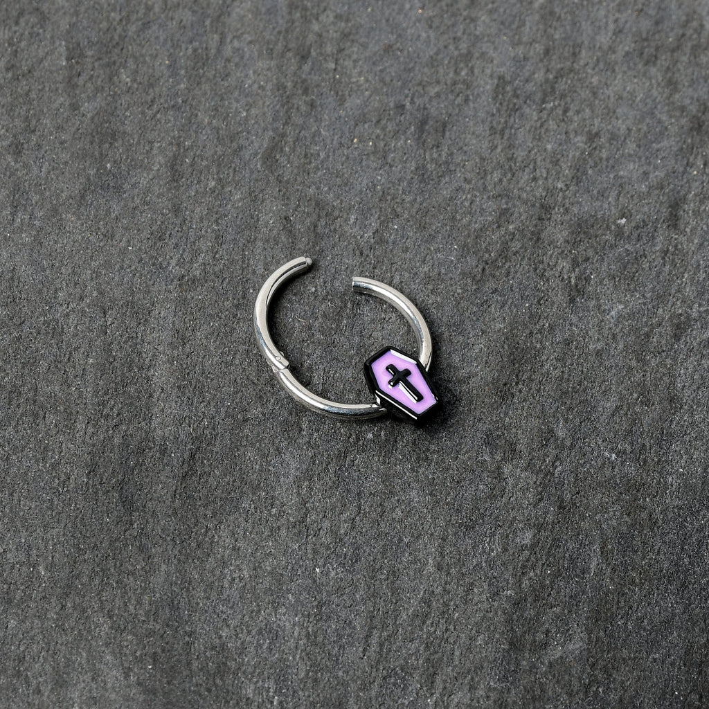 16G 3/8 Creepy Coffin Lt Purple Glow in Dark Hinged Segment Ring
