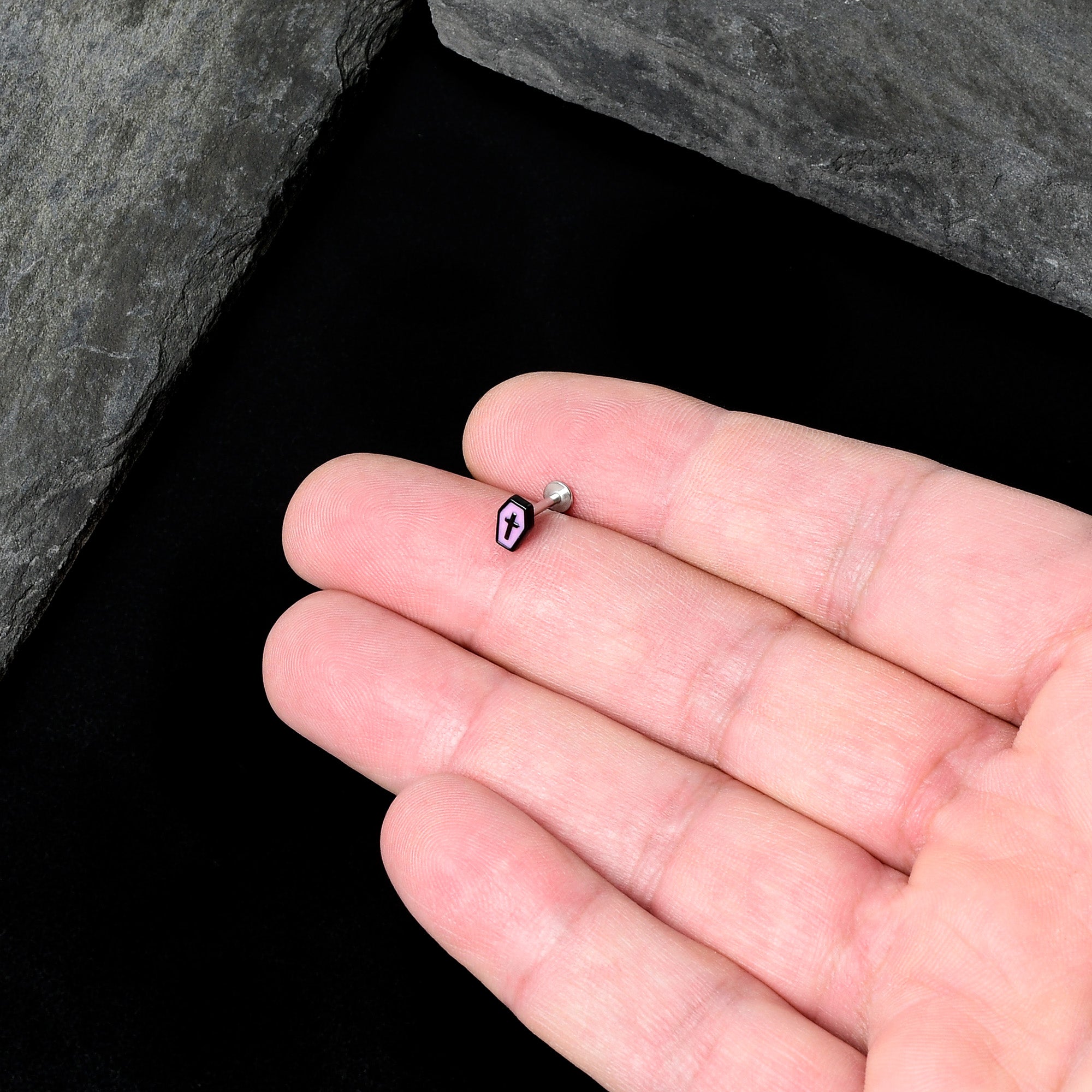 16G 5/16 Creepy Coffin Lt Purple Glow in Dark Labret Monroe Tragus