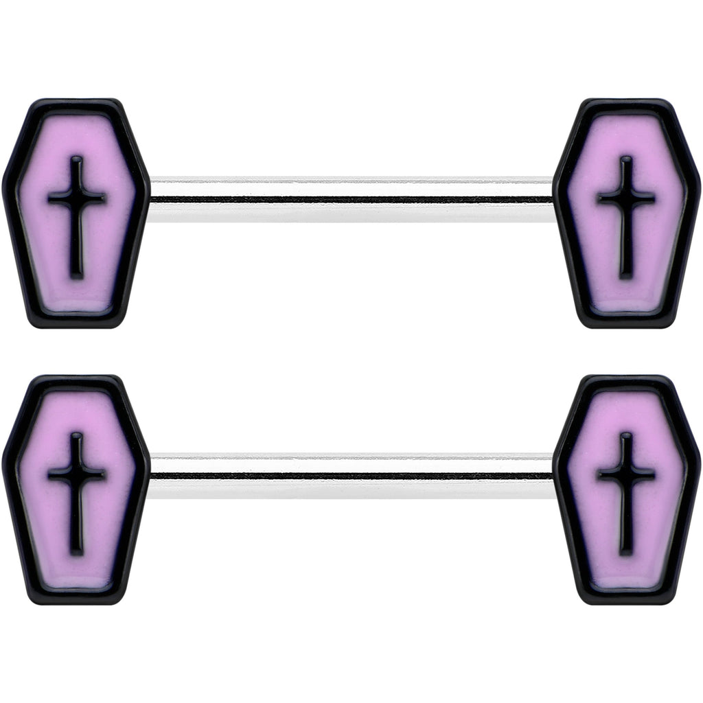 14G 9/16 Creepy Coffin Lt Purple Glow in the Dark Nipple Ring Set