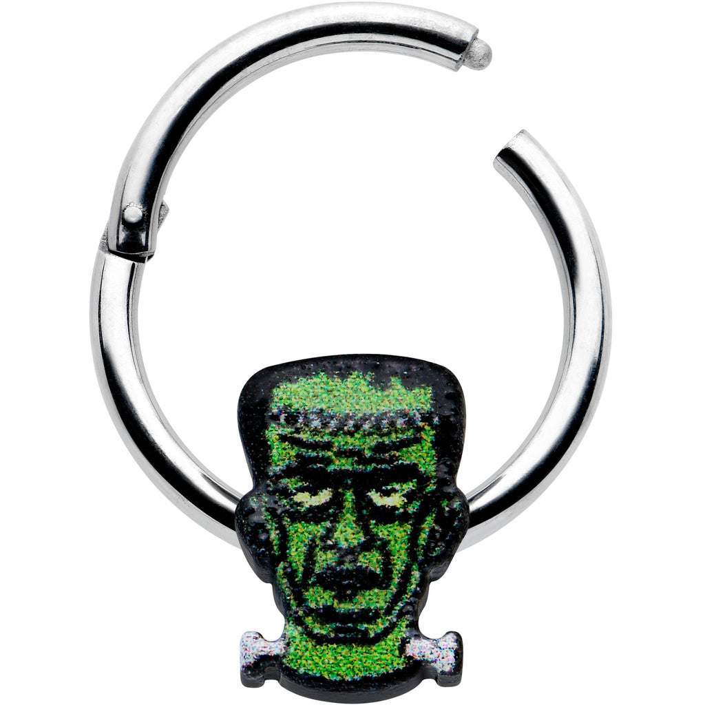 16G 3/8 Frankenstein Head Green Glow in Dark Hinged Segment Ring