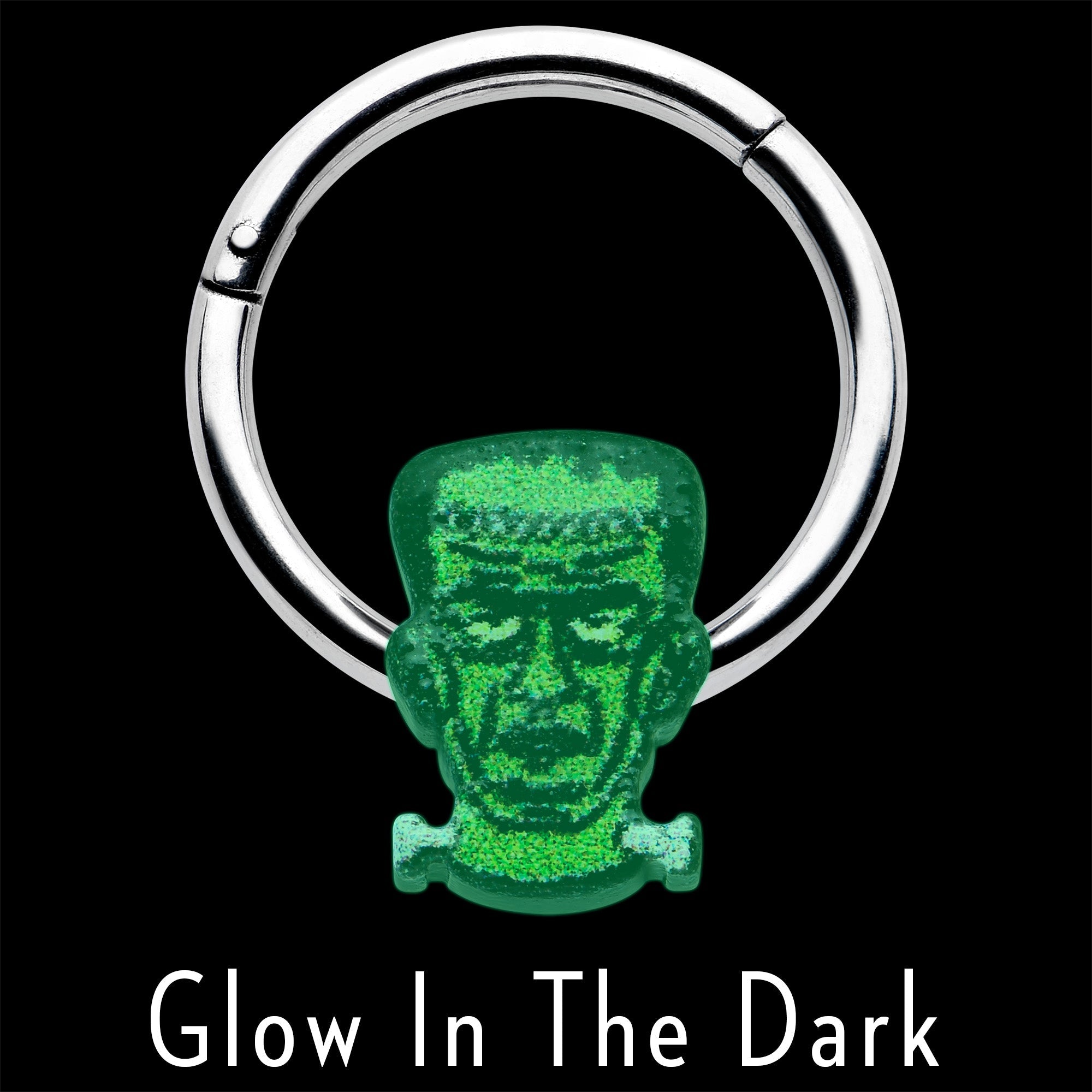 16G 3/8 Frankenstein Head Green Glow in Dark Hinged Segment Ring
