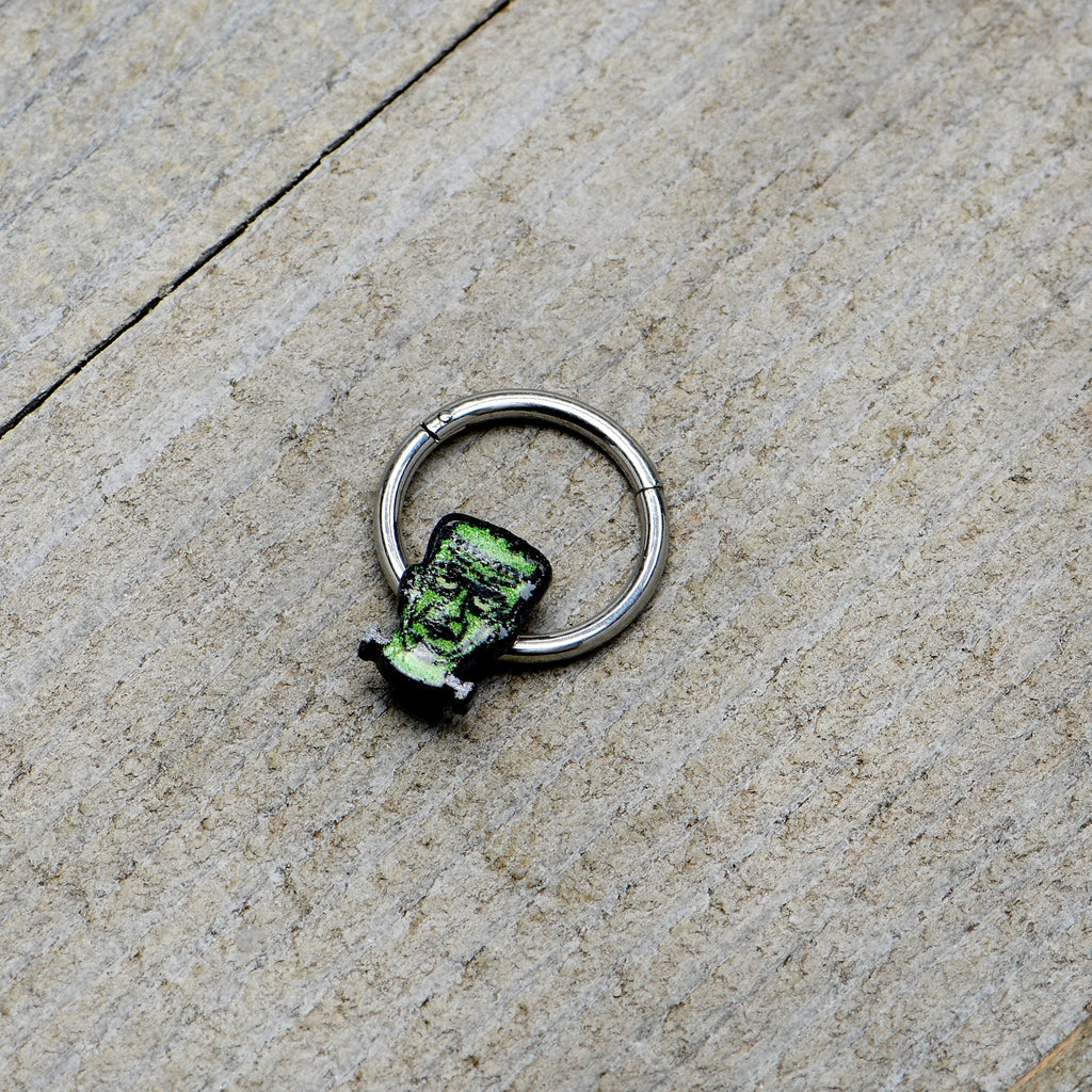 16G 3/8 Frankenstein Head Green Glow in Dark Hinged Segment Ring