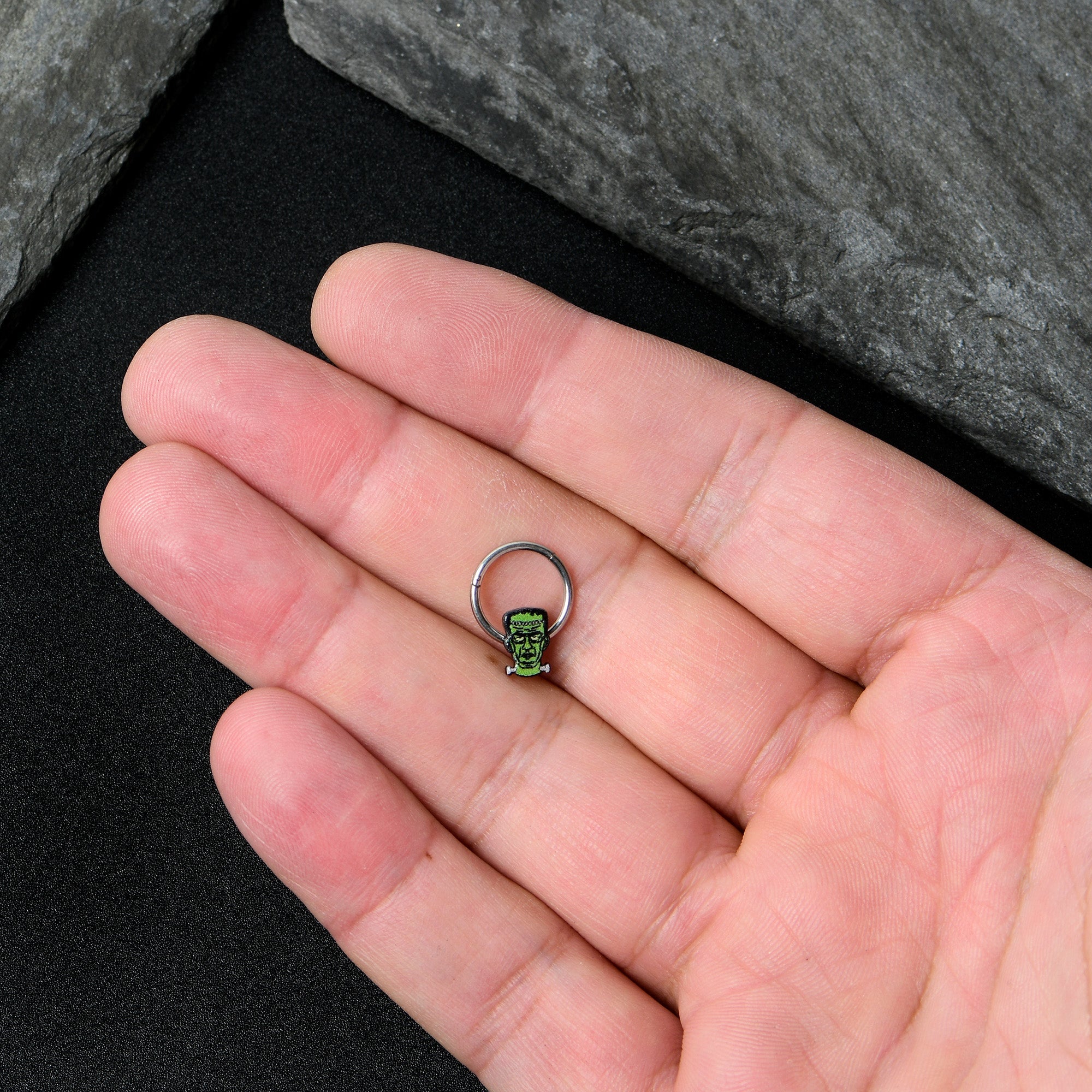 16G 3/8 Frankenstein Head Green Glow in Dark Hinged Segment Ring