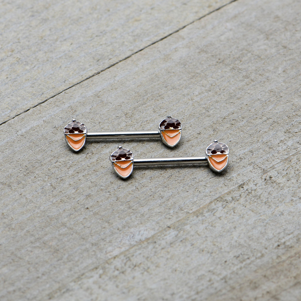 14G 9/16 Autumn Acorn Brown Orange Barbell Nipple Ring Set
