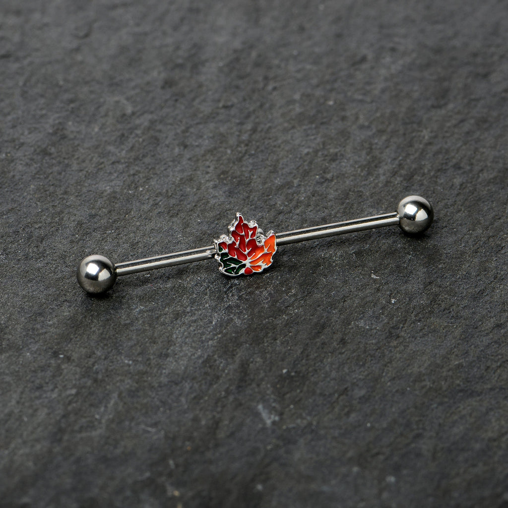 14G Autumn Tricolor Red Maple Leaf Industrial Barbell 38mm
