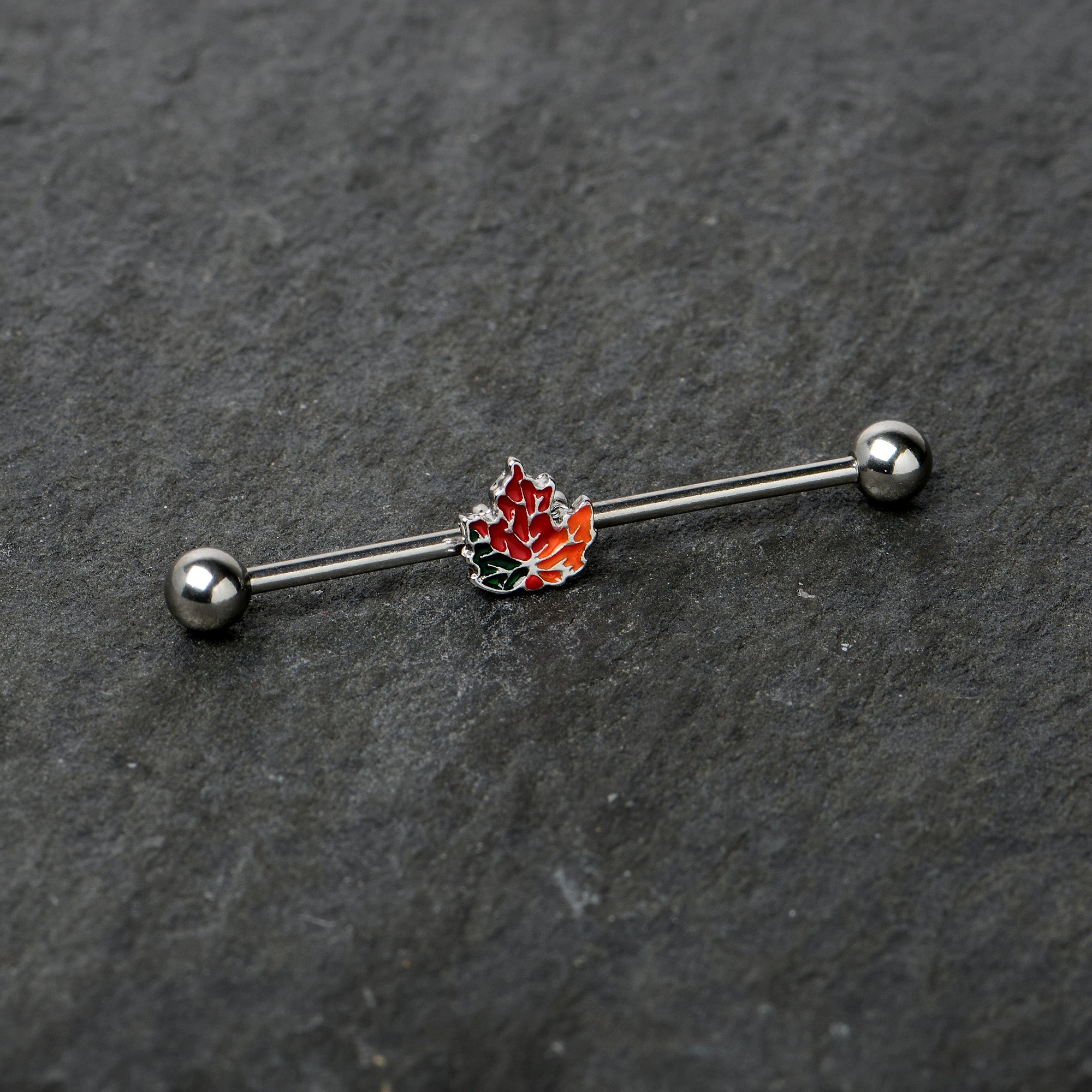 14G Autumn Tricolor Red Maple Leaf Industrial Barbell 38mm